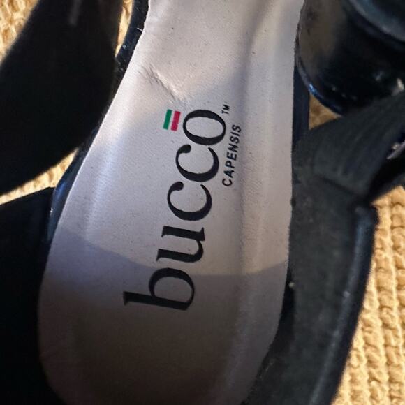 Black Patent Leather Faux Wood Grain Peep Toe SZ.8. High heel Wedge 5"  Italian - Picture 6 of 14